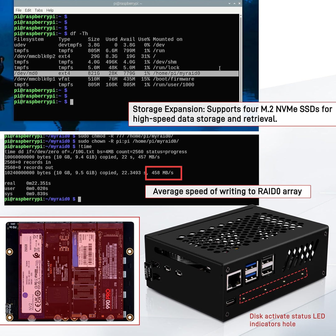 GeeekPi N16 Quad M.2 M-Key NVMe SSD Hut mit Metallgehäuse & Aktivkühler für Raspberry Pi 5, unterstü