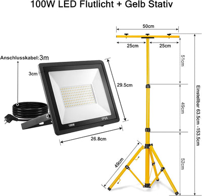 Aufun LED Baustrahler 2x 100W mit Stativ Doppel Strahler Kaltweiss LED Fluter Floodlight inkl. 3M Ka