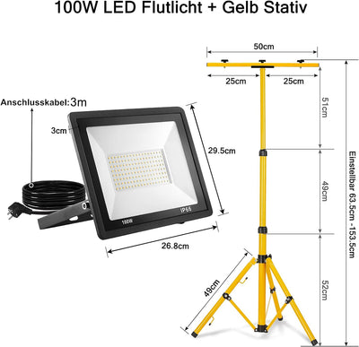 UISEBRT LED Baustrahler 2 * 100W Warmweiss mit Stativ Baustellen Strahler inkl. Netzkabel LED Fluter