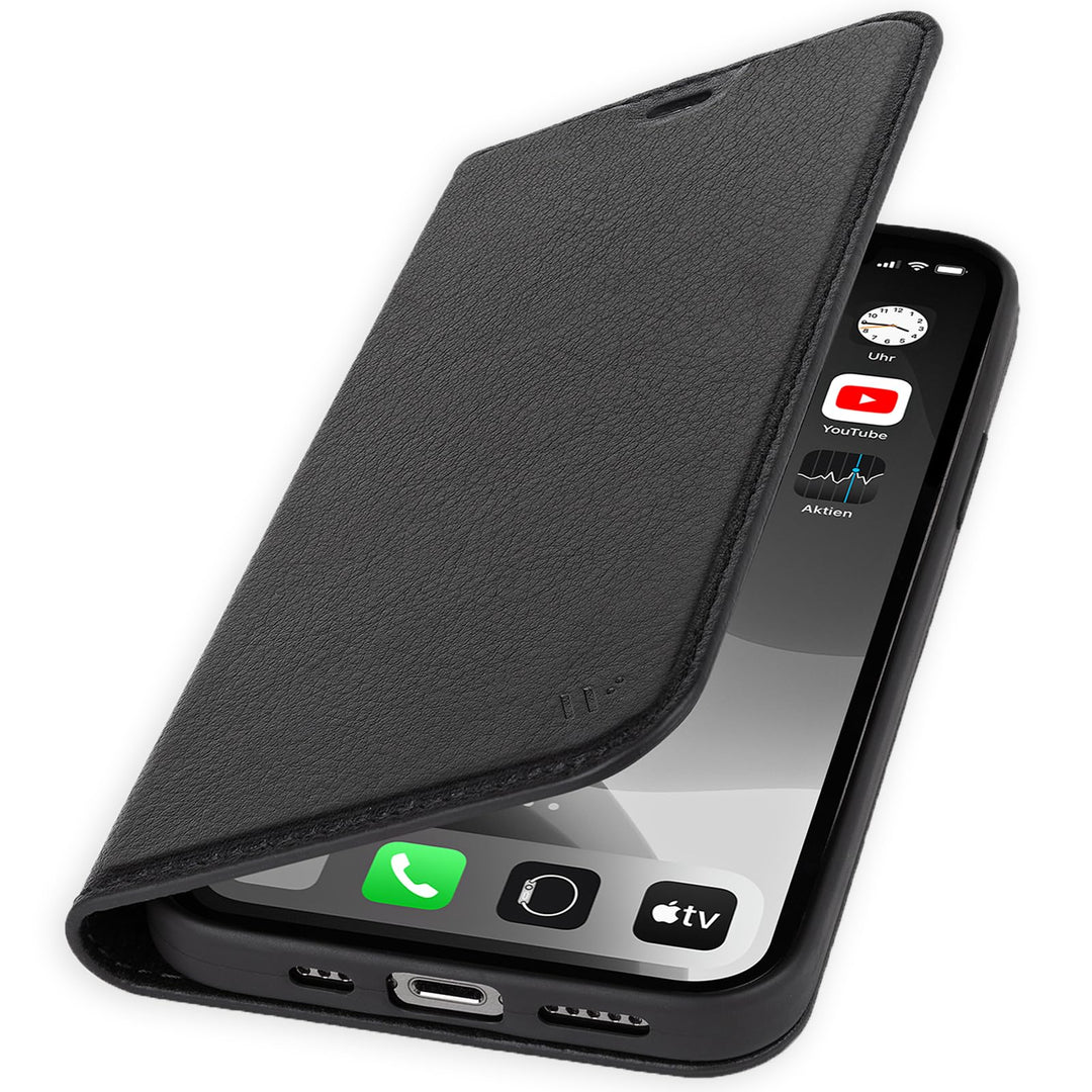 WIIUKA Hülle für iPhone 15 Pro, Leder aus Deutschland, mit Kartenfach, extra Dünn, Handyhülle mit St