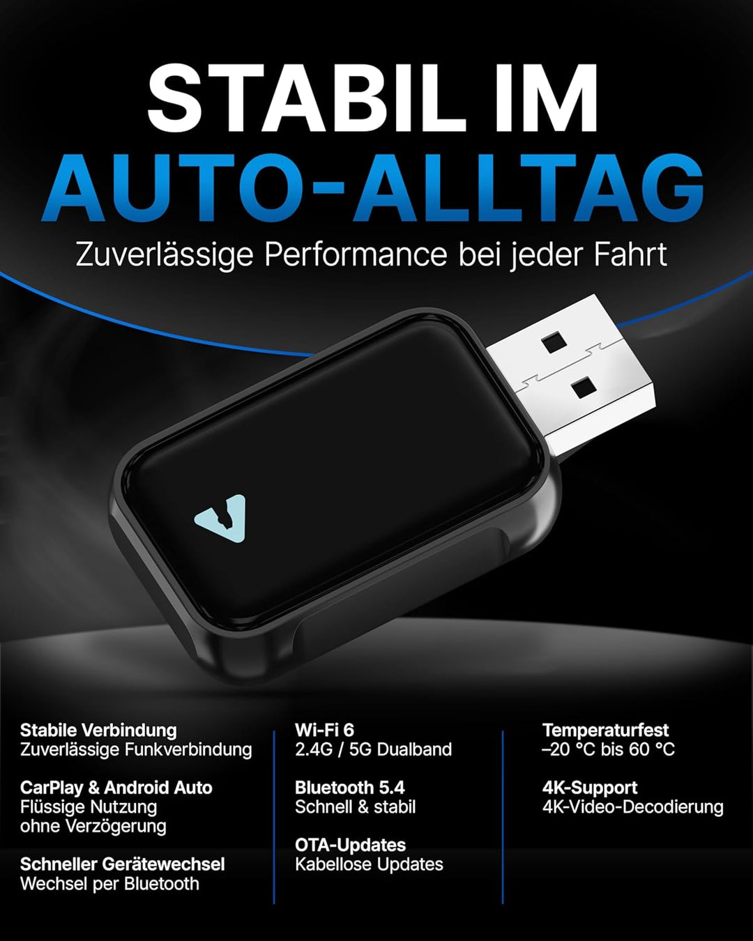 Carplay Wireless Adapter & Android Wireless Adapter fürs Auto – USB-A Plug & Play Nachrüstadapter, U