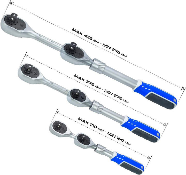 HASKYY | 1/2" + 3/8" + 1/4" | Teleskop-Ratsche-Knarre-Set I Umschaltknarre ausziehbar | feinverzahnt