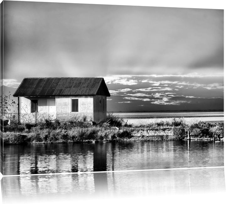 Pixxprint Haus am See bei Sonnenuntergang als Leinwandbild/Grösse: 100x70 cm/Wandbild/Kunstdruck/fer