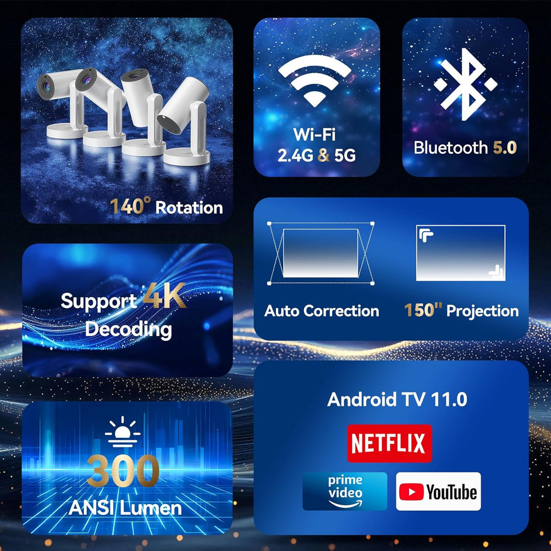 ETOE Starfish Mini Beamer, Android TV 11.0, Unterstützt 4K, Auto Keystone-Korrektur, 150 Zoll, Indiv
