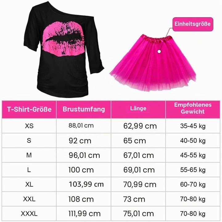 WILDPARTY 80er Jahre Outfit Damen Set, T-Shirt, Tutu, Gürteltasche, Stirnband, Ohrring, Halskette, N
