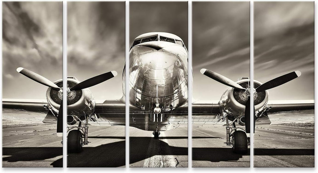 Bild Bilder auf Leinwand Retro-Flugzeug Wandbild Poster Leinwandbild TIO 170x80cm - 5 Teile XXL, 170