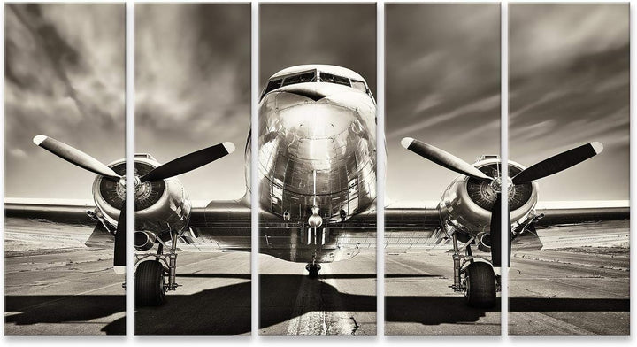 Bild Bilder auf Leinwand Retro-Flugzeug Wandbild Poster Leinwandbild TIO 170x80cm - 5 Teile XXL, 170