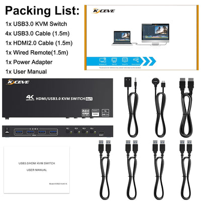 HDMI KVM Switch 4 PC 1 Monitor 4K@60Hz 2K@120Hz Simulation EDID, USB 3.0 KVM Switch HDMI 4 Port für