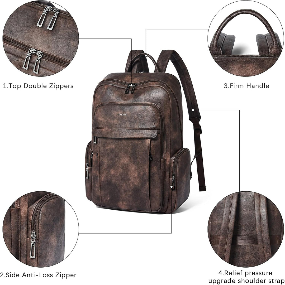Shrrie Leder Laptop Rucksack für Frauen mit 17 Zoll Vegan Leder Computer Rucksack Tasche für Reise C