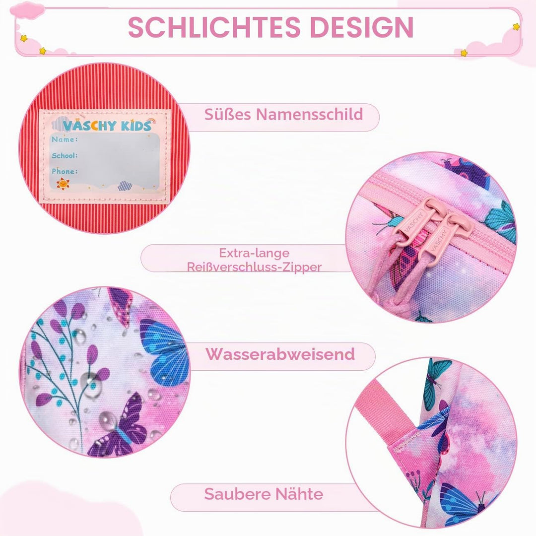 VASCHY Mädchen Schulrucksack 4-6 Jahre Schulrucksack mit Seitentaschen und Brustgurt 148-schmetterli