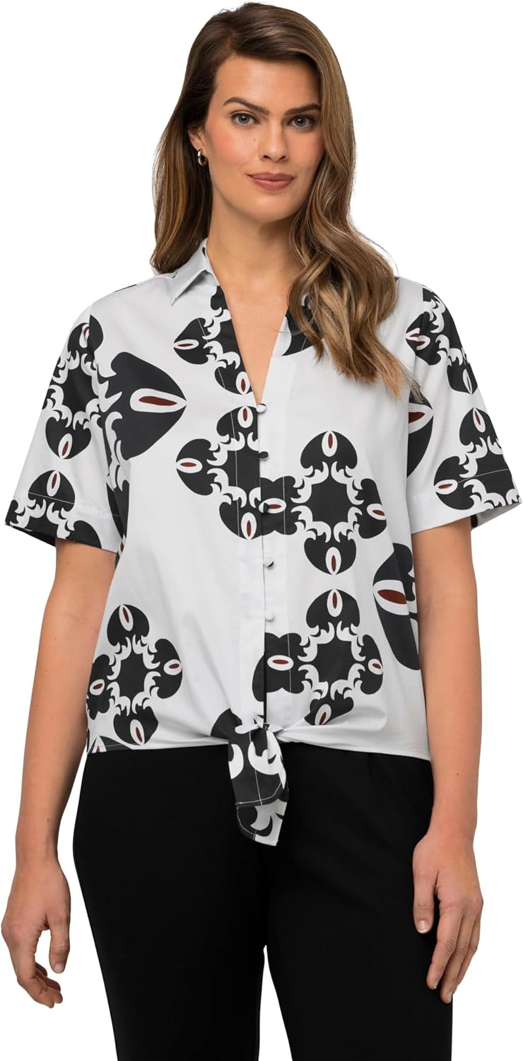 Ulla Popken Damen grosse Grössen Übergrössen Plus Size Bluse, grafischer Druck, Saumknoten, Hemdkrag