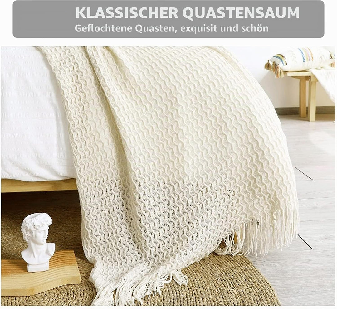 LumiSyne Zellulare Strickdecke Mit Quaste Einfarbige Zartes Hohlen Webmuster Weich Atmungsaktiv Sofa