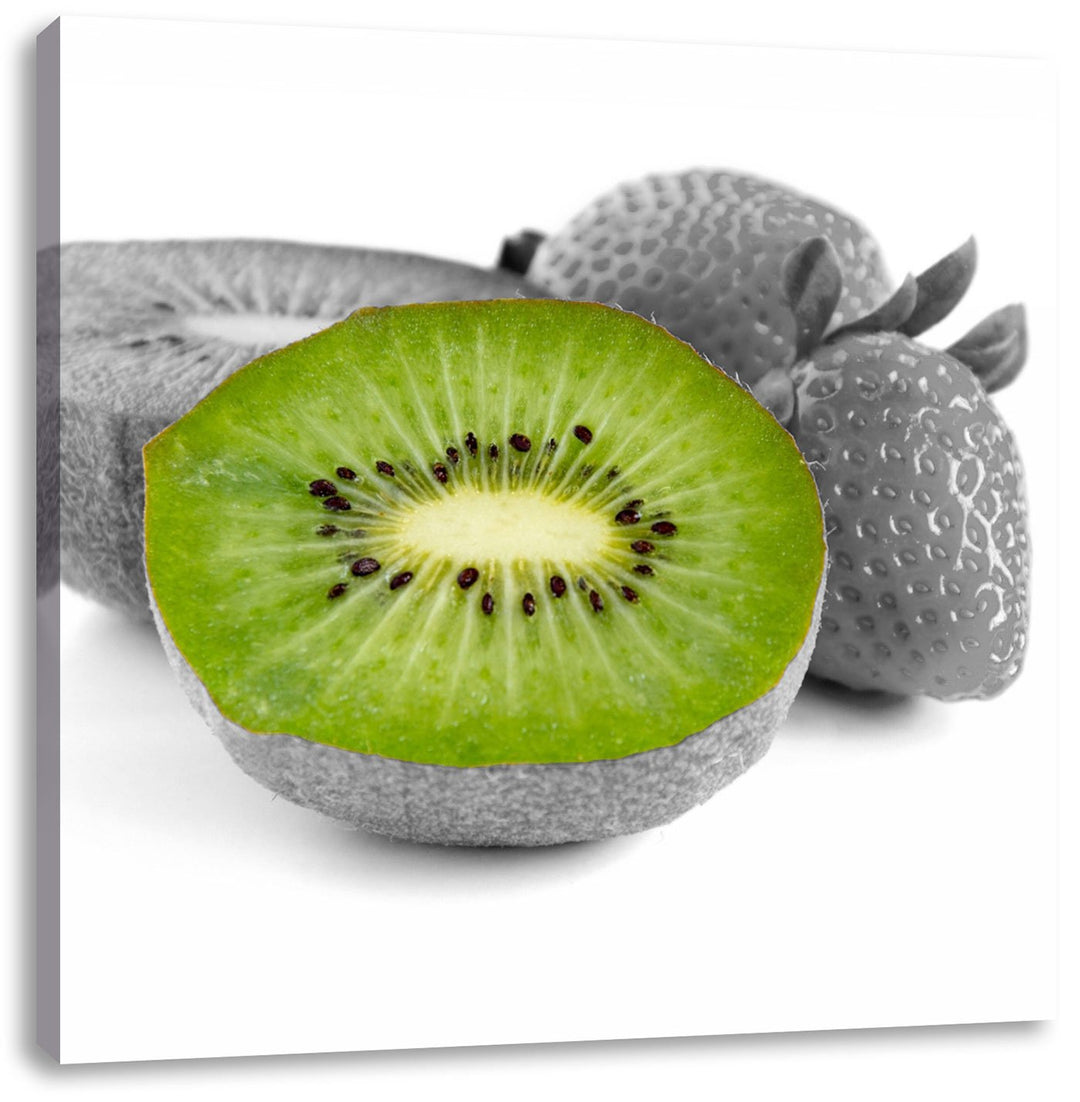 Pixxprint fruchtige Erdbeeren mit Kiwi als Leinwandbild Quadratisch| Grösse: 70x70 | Wandbild| Kunst