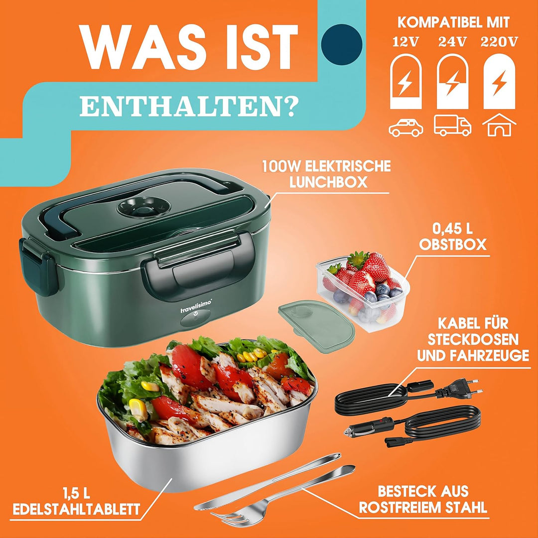 TRAVELISIMO Elektrische Lunchbox 80W Essensbox Warmes Mittagessen, 1,5L Wärmebox für Speisen 3-in-1