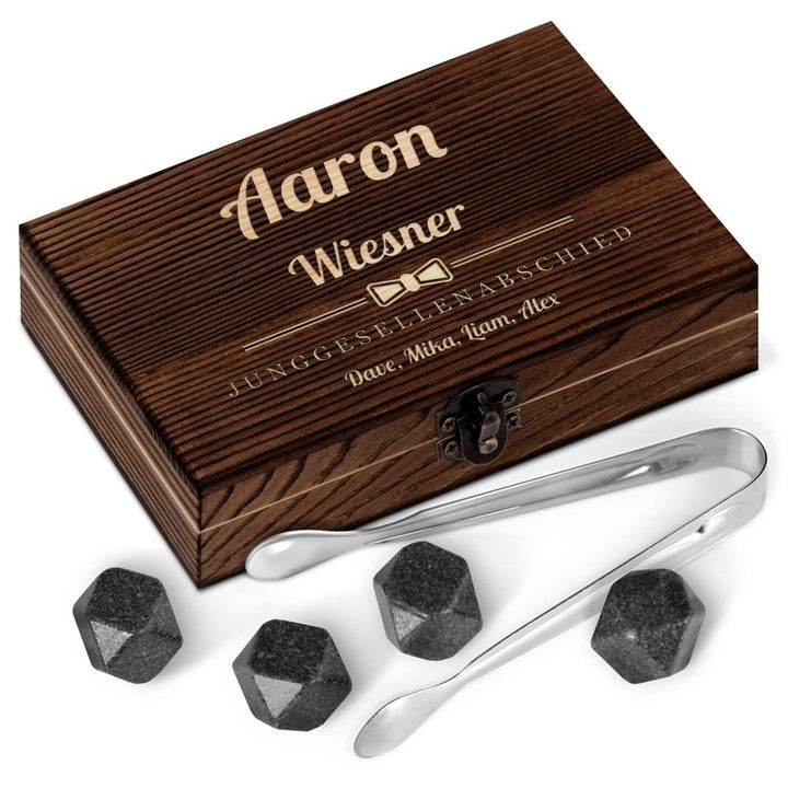 Maverton Whisky Steine Set - in Holzbox - personalisiert - 6 Eiswürfel + Zange + Velourbeutel - Kühl