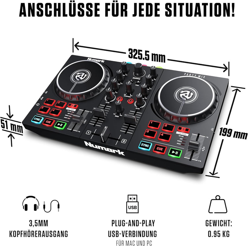 Numark Party Paket - Party Mix II DJ Controller Pult mit 2 Decks, eingebauten DJ-Lichtern & DJ-Mixer