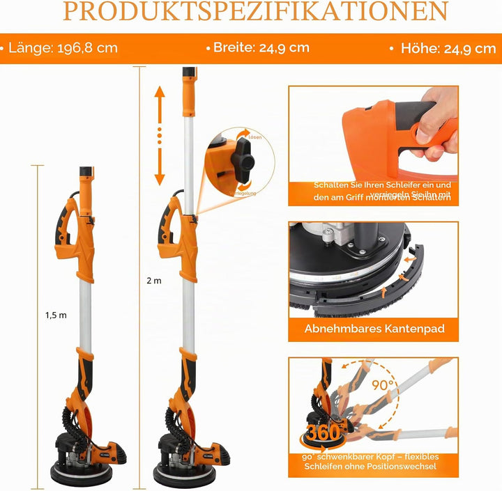 Trockenbauschleifer, 1250 Watt Elektroschleifer, 800 bis 1800 U/min, Ausziehbarem Griff, LED-Beleuch