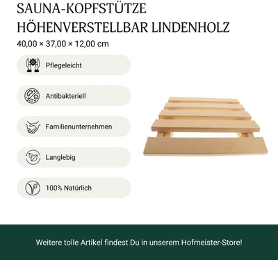 HOFMEISTER® Sauna-Kopfstütze, 40 cm, höhenverstellbar, aus robustem Linden-Holz, stabile Sauna Rücke