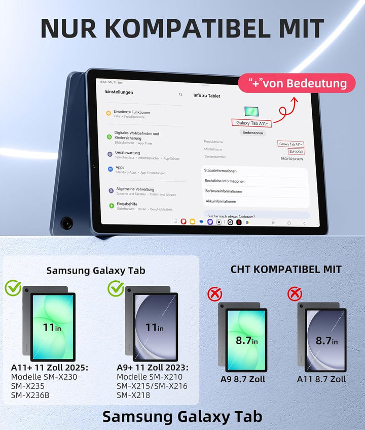 Vobafe Hülle mit Tastatur für Samsung Galaxy Tab A11+ Plus 11 Zoll 2025 / Tab A9+ Plus 2023, 7 Farbe