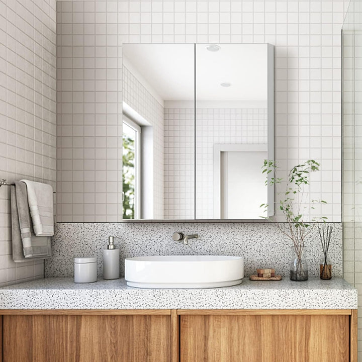 CLIPOP Badezimmer Spiegelschrank, Wandmontage Badezimmerschrank mit 2 Spiegeltüren und verstellbaren