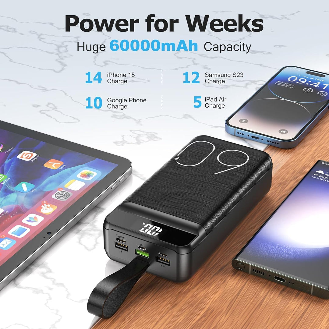 Power Bank 60000mAh 22,5W Schnellladung Tragbares Ladegerät USB-C Schnellladung mit 4 Ausgängen &amp; 3