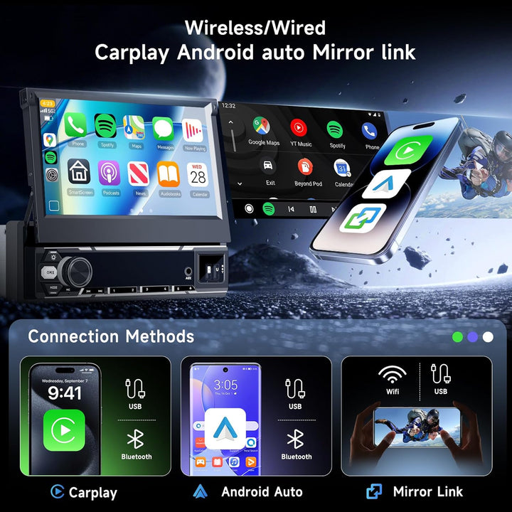 Hodozzy 6G+128GB Android 15 Autoradio 1 Din Bildschirm Ausfahrbarem mit Carplay Wireless Android Aut