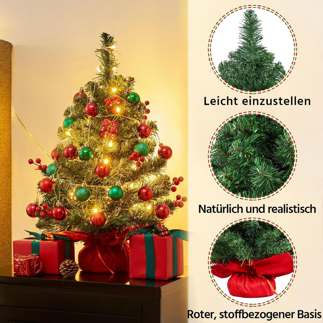 Yaheetech 50cm Mini Künstlicher Weihnachtsbaum mit 35 Warmweiss LED Beleuchtung & 40 Roten Beeren Kl