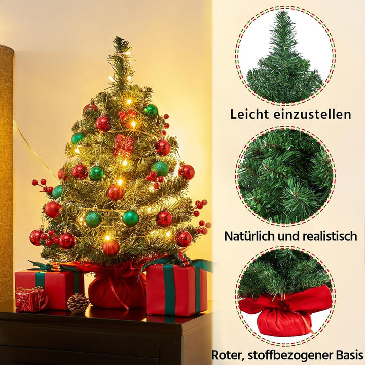 Yaheetech 50cm Mini Künstlicher Weihnachtsbaum mit 35 Warmweiss LED Beleuchtung & 40 Roten Beeren Kl