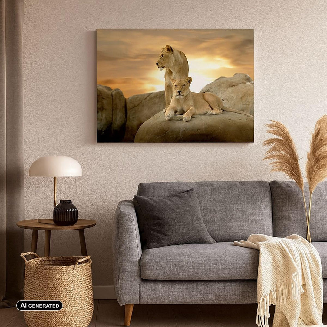 Bilder auf Leinwand 100x70cm Leinwandbild Löwen Sonnenuntergang Felsen Krallen Gross Wanddeko Bild S