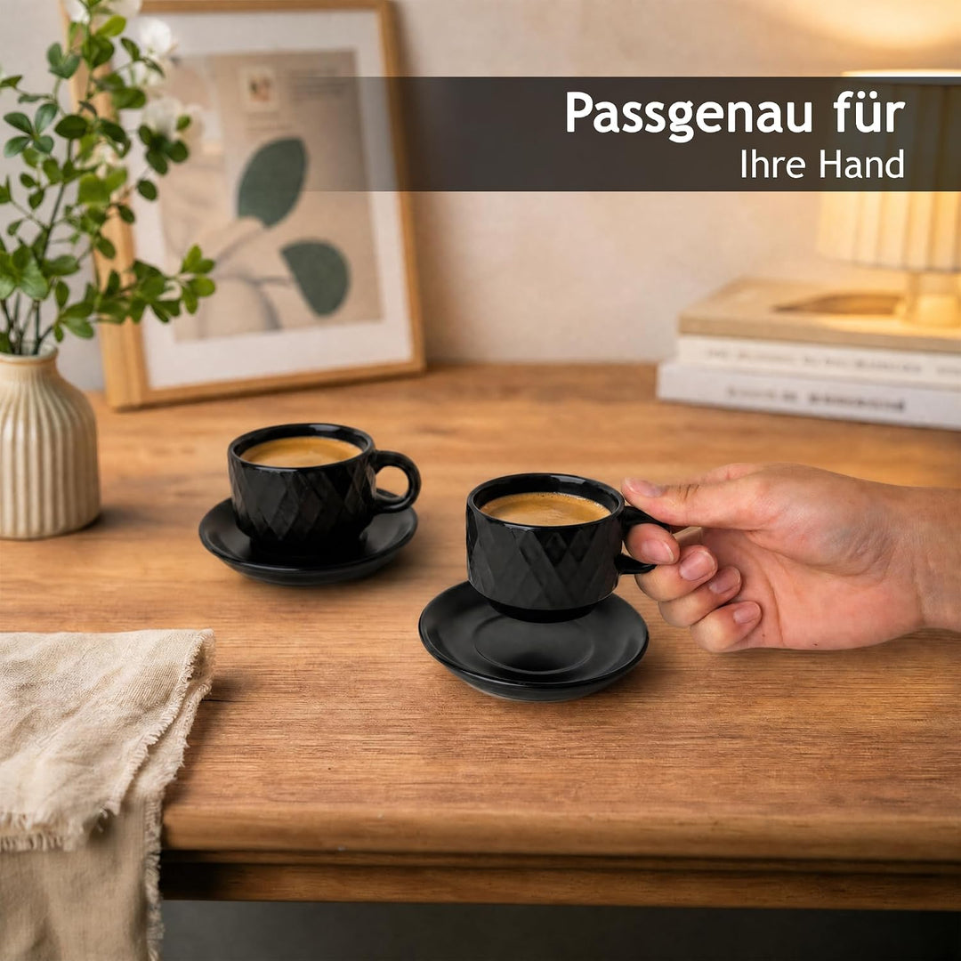 MIAMIO – 6 x 75 ml Espresso Tassen/Espressotassen Set mit Ständer Steingut Keramik - Palmanova Kolle