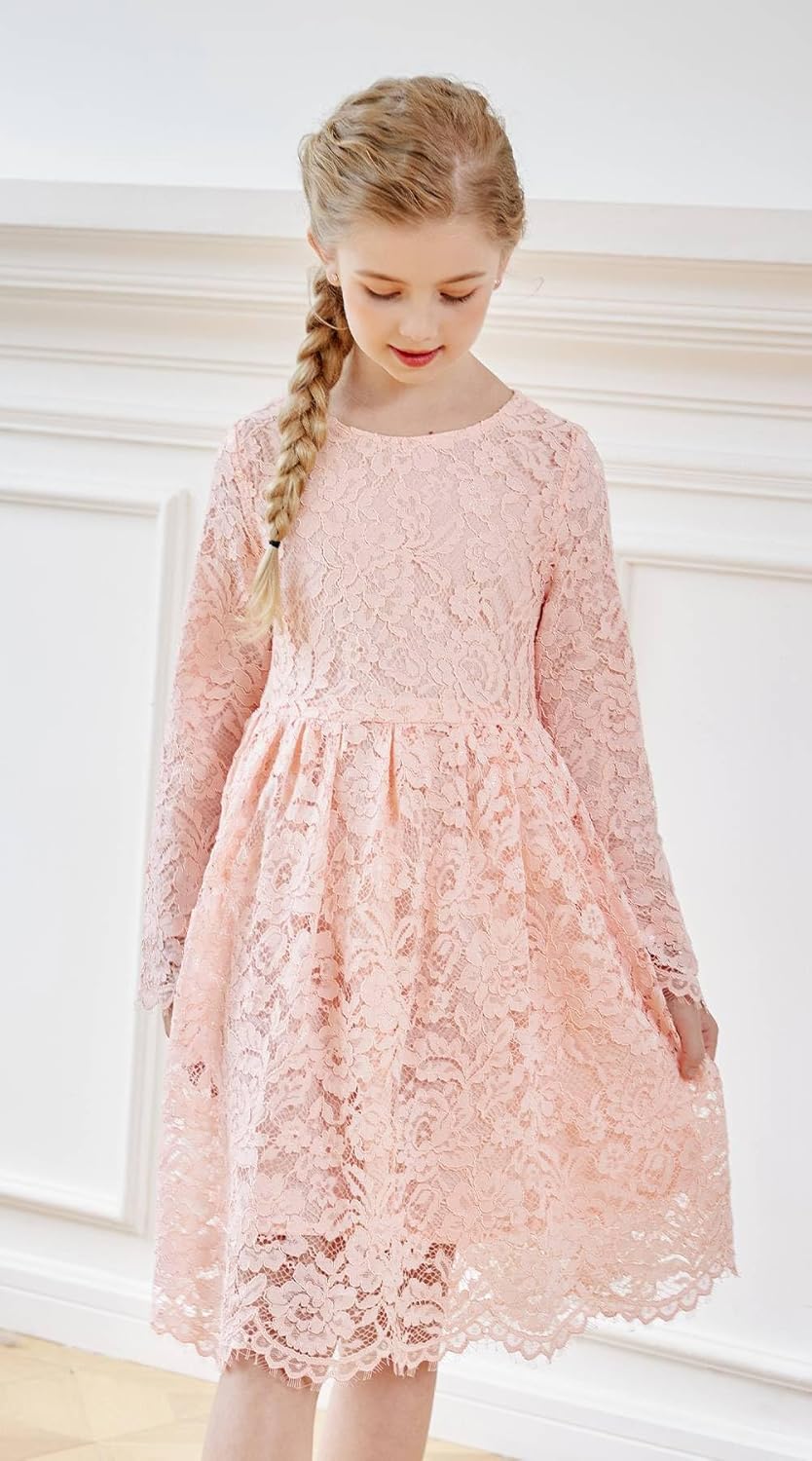 SMILING PINKER Mädchen Festliches Kleid Kinder Spitze Langarm Blumenmädchen Hochzeit Prinzessin Komm