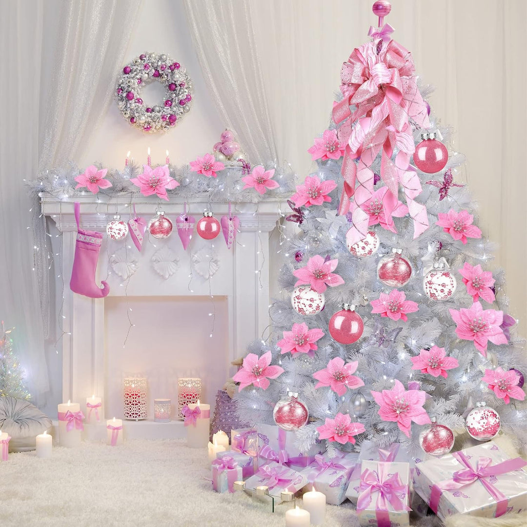 49 Stück Weihnachtsbaum Deko Set mit Weihnachtsbaumspitze 24 Stück Glitzer Weihnachten Blumen in 3 G