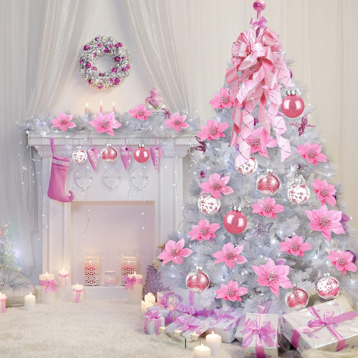 49 Stück Weihnachtsbaum Deko Set mit Weihnachtsbaumspitze 24 Stück Glitzer Weihnachten Blumen in 3 G