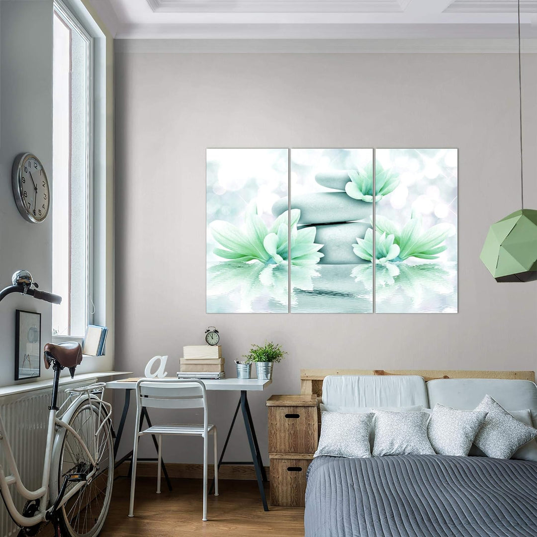 Runa Art Wandbilder Blumen Feng Shui Bild XXL Wohnzimmer Schlafzimmer Grün Wasser Steine 120 x 80 cm