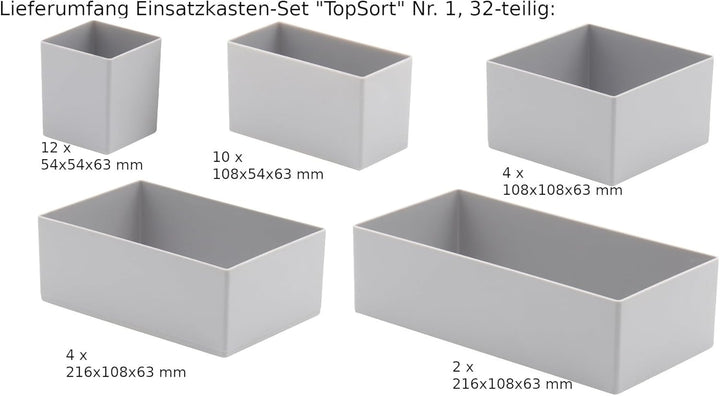 1a-TopStore 32-tlg. Einsatzkasten-Set, grau, für Schubladen von Material- und Werkzeugschränken, 63