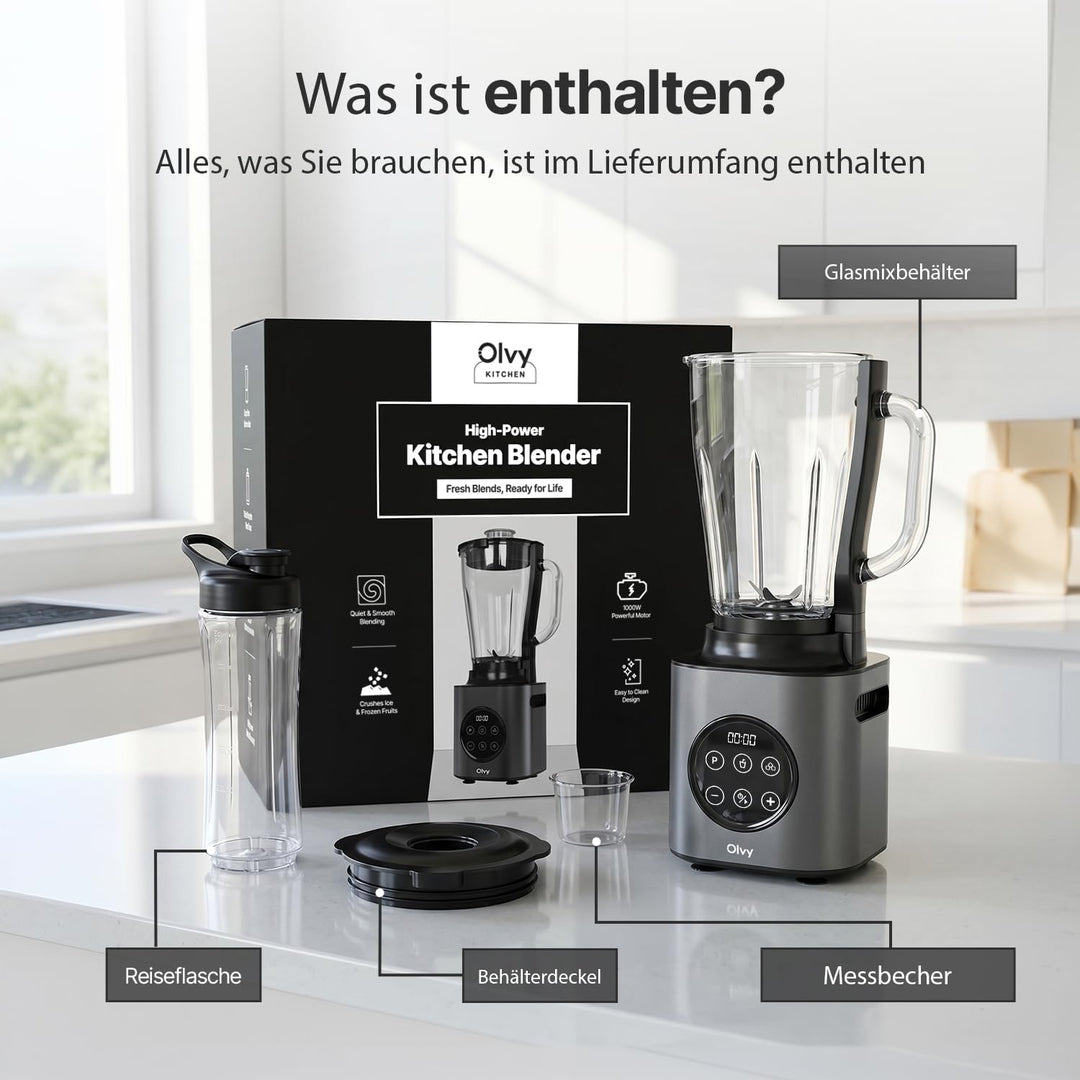 Olvy Standmixer Smoothie Maker 1500ml Glas To-Go 1000W 9 Stufen Display-Silver, Silver