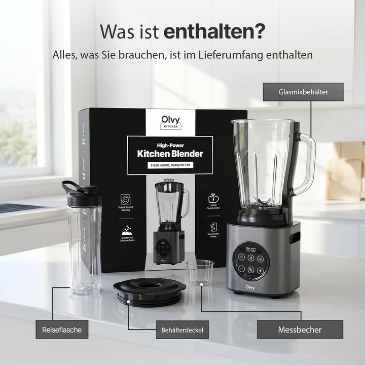 Olvy Standmixer Smoothie Maker 1500ml Glas To-Go 1000W 9 Stufen Display-Silver, Silver