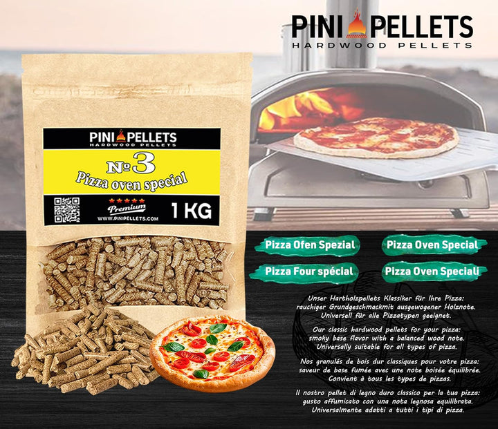 PINI Naturholzpellets Set 4X 1 kg für Pizzaofen aus 4 Sorten - Pizzapellets Nr 3, Oregano Nr. 4, Bas