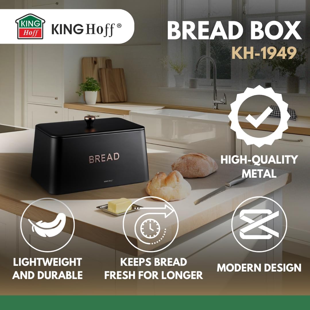 KING HOFF ELEGANTER,MODERNER BROTKASTEN AUS EDELSTAHL LEICHTE KONSTRUKTION GOLDENE AKZENTE (Schwarz)