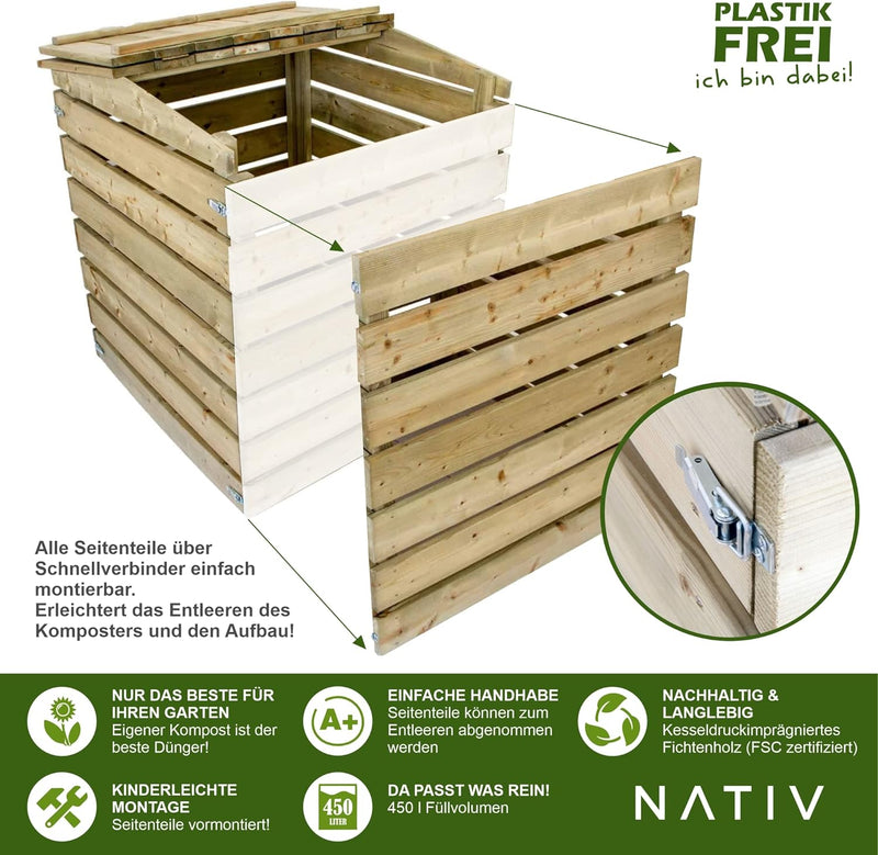 NATIV Nachhaltiger Garten Komposter aus Holz (450 Liter) | Schnellkomposter mit abnehmbaren Seitente