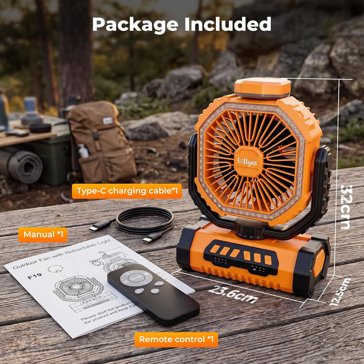 Outdoor Camping Ventilator mit Licht, 20000mAh Akku, wiederaufladbarer tragbarer Ventilator mit Fern