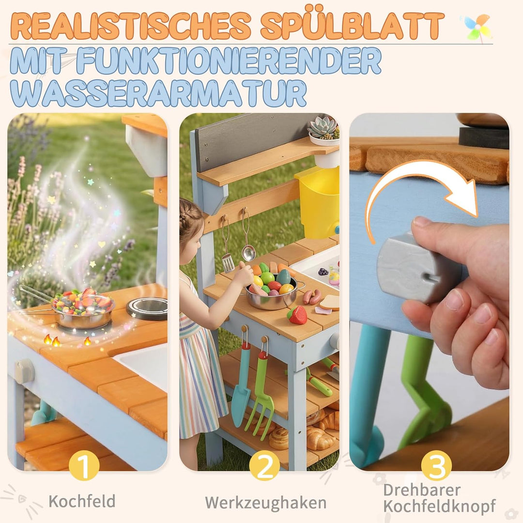 LEADZM Spielküche Matschküche Kinder Outdoor mit Pflanzkasten, Gartenspielküche mit Spüle, Wasserhah