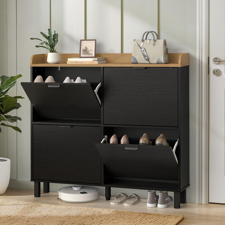 LUE BONA Schuhschrank schmal, Schuhschrank mit 4 Flip-Klappen, Schuhkipper mit Holzfüssen, Schuhrega