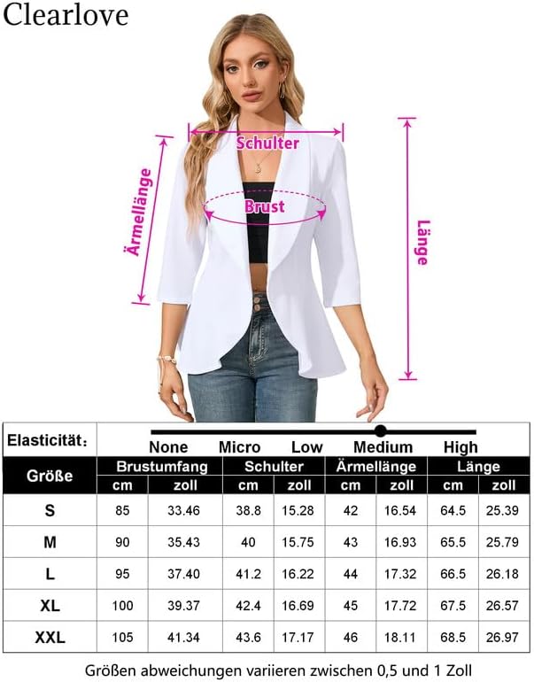 Business Jersey Blazer Damen Elegant Sportlich Taillierter Blazer 3/4 Ärmel Damen Gehrock, M Wei&#xD