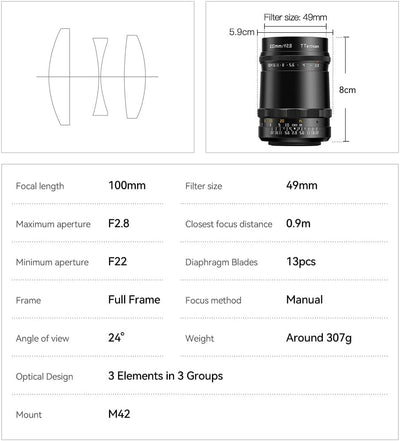 TTARTISAN 100mm F2.8 Vollformat Kameraobjektiv Manueller Fokus Einzigartige Seifenblase Bokeh Kamera