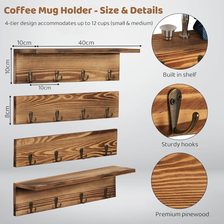 JUJOYBD Tassenhalter Wand, Hängendes Tassenregal mit 16 Haken, Holz Regal für Kaffeebecher, 4er Set