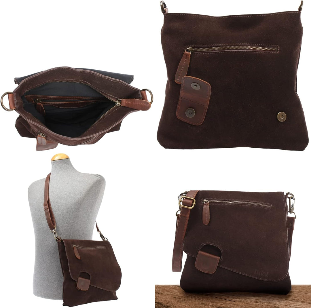 LECONI Umhängetasche für Damen Crossbag Veloursleder Echtleder Natur Damentasche Schultertasche Lede