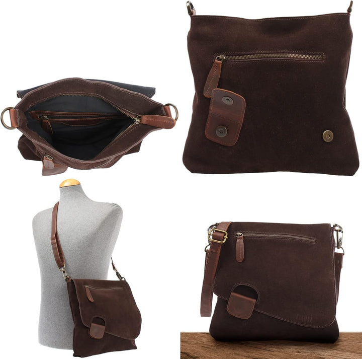 LECONI Umhängetasche für Damen Crossbag Veloursleder Echtleder Natur Damentasche Schultertasche Lede