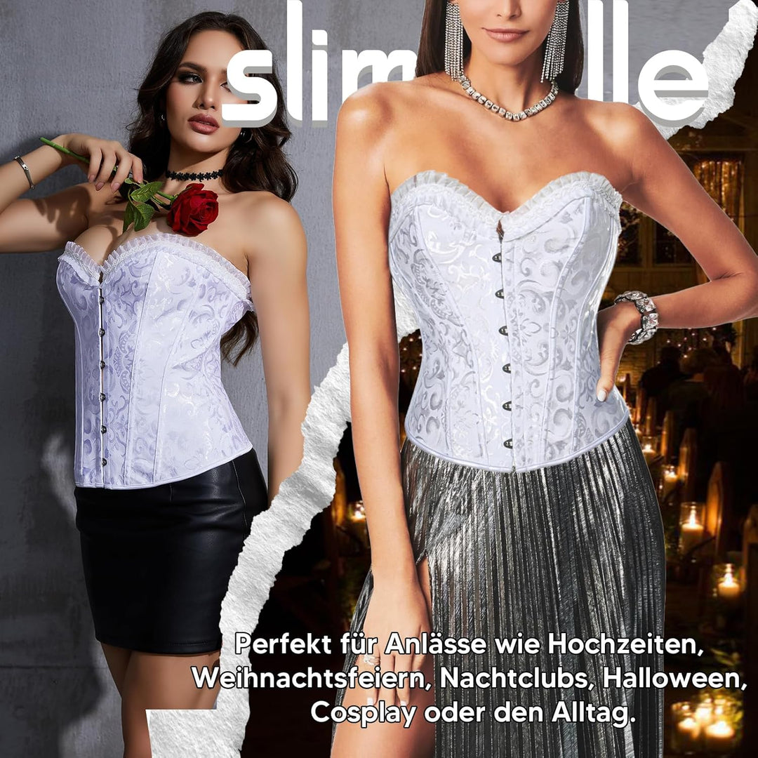 SLIMBELLE Damen Vintage Überbrust Korsett Klassische Bustier Stahlknochen Lace Up Sexy Top mit G-Str