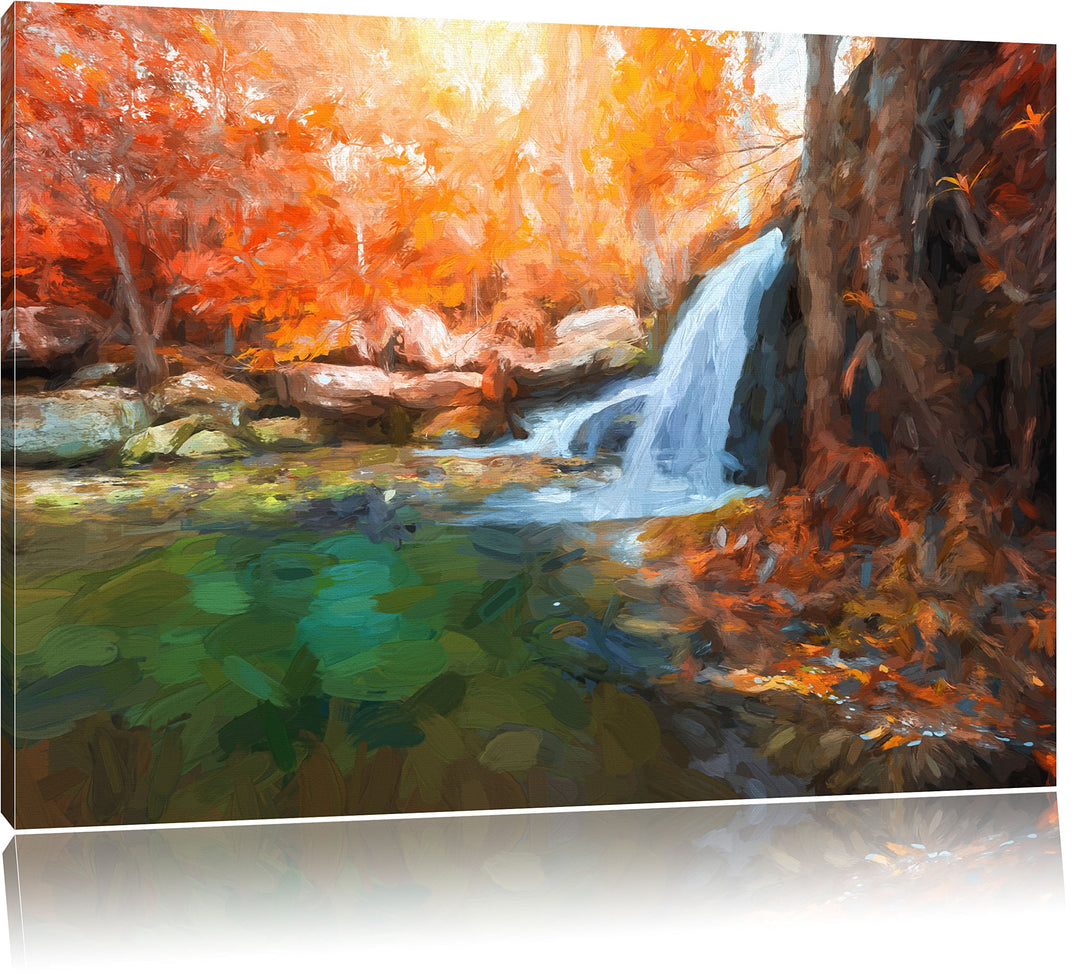 Pixxprint Wasserfall im Wald / 100x70cm Leinwandbild bespannt auf Holzrahmen/Wandbild Kunstdruck Dek